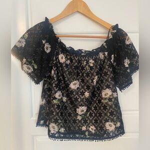 Dainty Hooligan Black Floral Lace Cropped Blouse Off Shoulder Small PomPom Trim